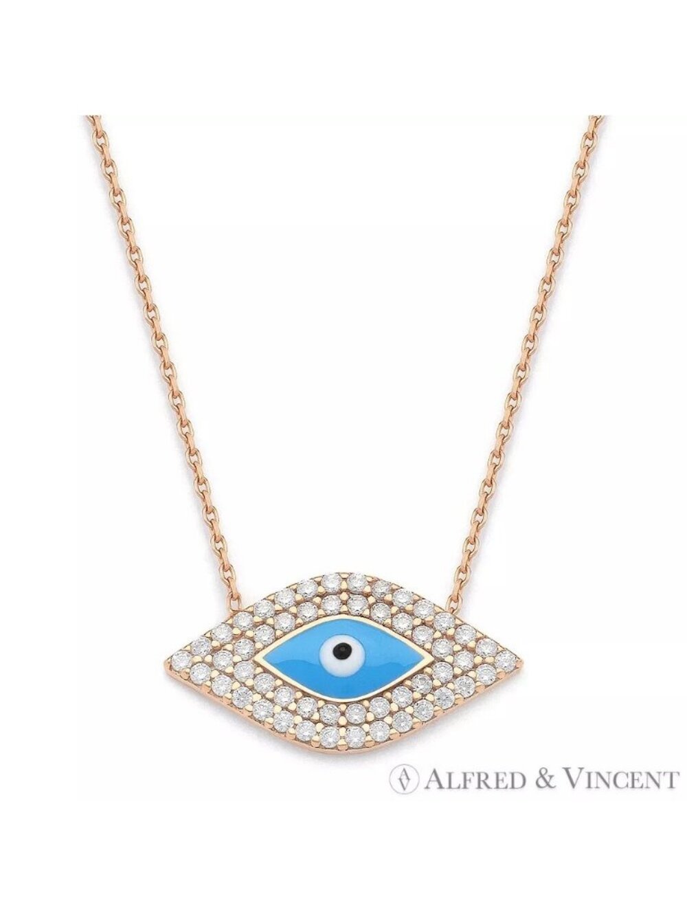 Evil Eye Bead Charm Necklace w/ CZ Crystals in .925 Sterling Silver w/18k RGold